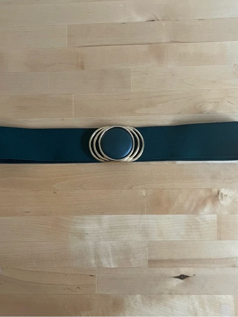 Vintage 80s Dark Green Art Deco Style Stretch Cinch Belt Triple Gold Ring Buckle